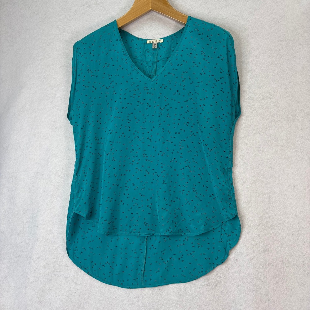 COPE Teal Abstract Print Silk V-Neck‎ High-Low Blouse Women M Boho Chic Retro